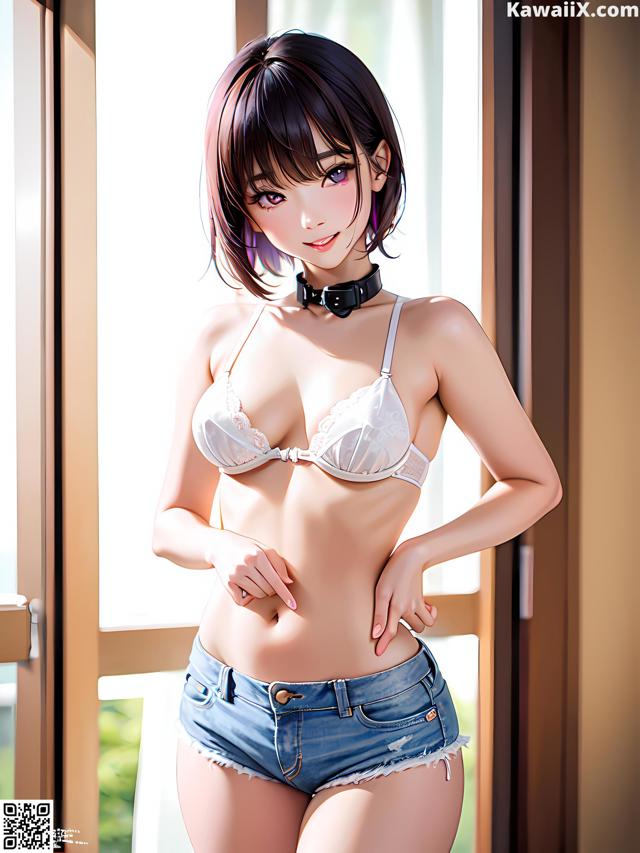 A woman in a white bra and blue shorts posing by a window.