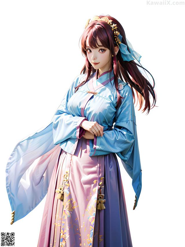 A woman in a blue and pink dress with long hair.