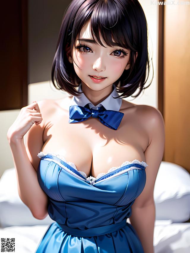 A woman in a blue dress with a bow tie.