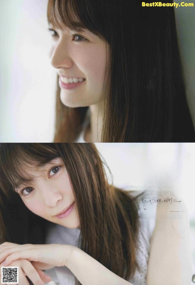 A woman with long brown hair and bangs smiles at the camera.